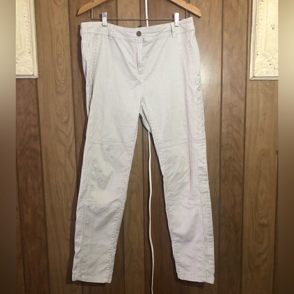 Chico’s Regular Slim leg pants. Size 1. White with brown pinstripes.